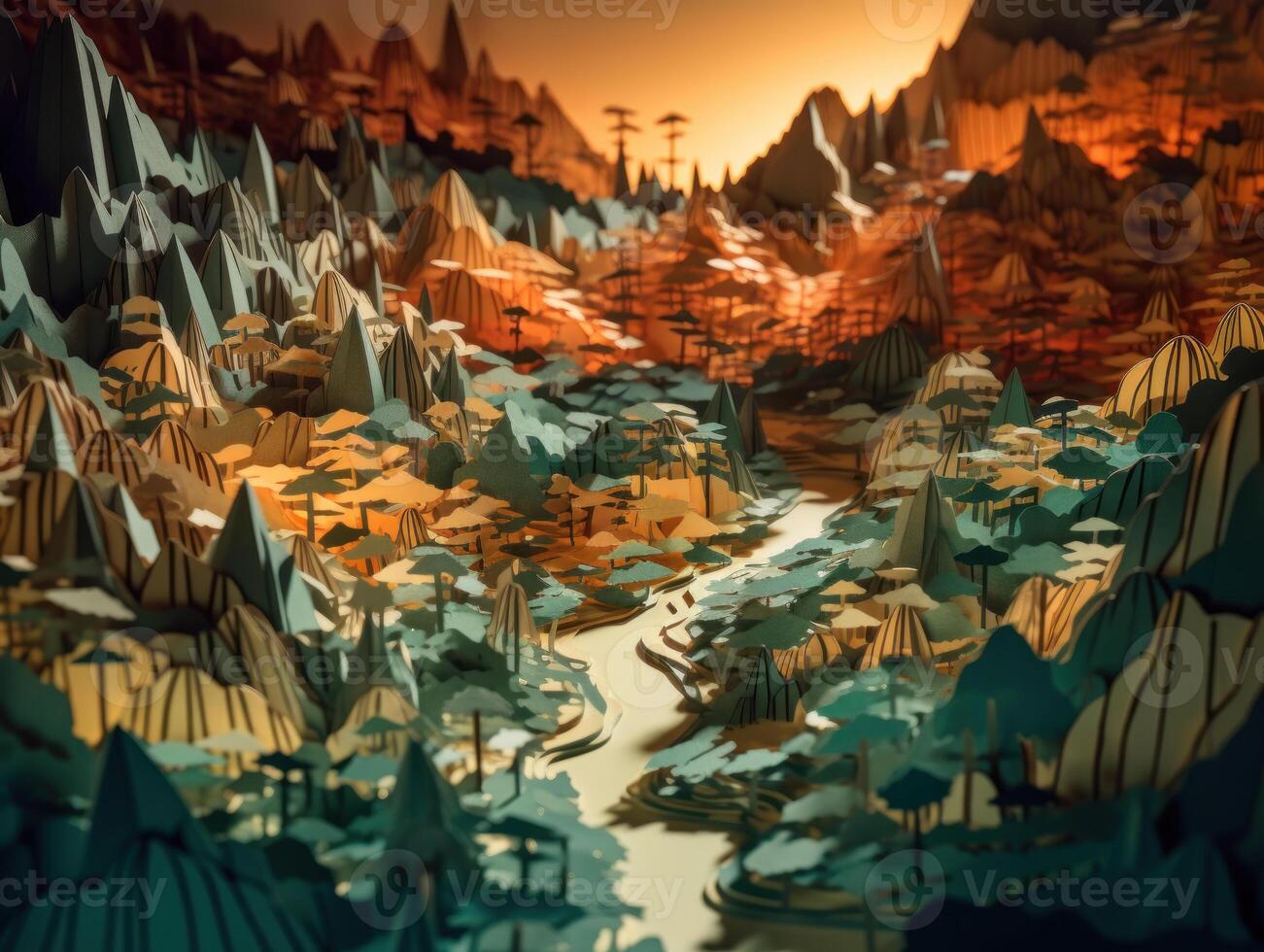 Colorful paper cut terrain mountains background created with technology. photo