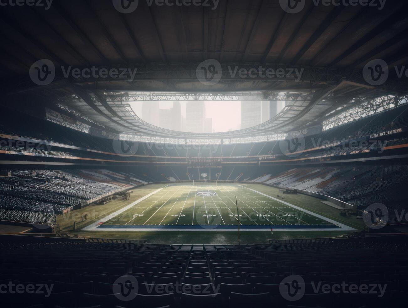 Football stadium with bright lights and seats Created with technology photo
