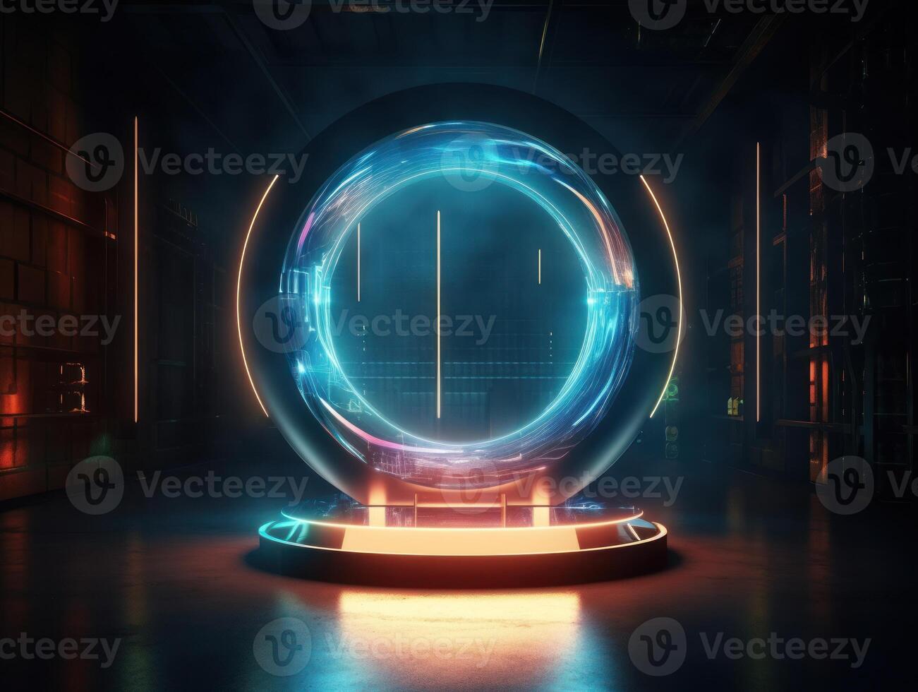 Fantastic Circle holograms magic portals. Futuristic round stage with neon lights. Glowing round stage on a dark background. Created with technology photo