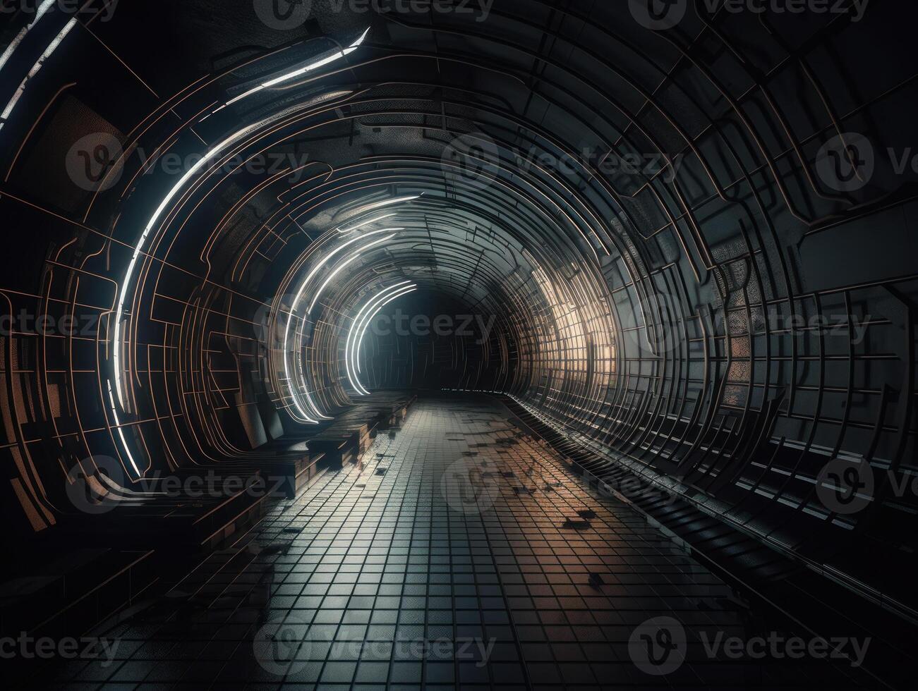 Abstract futuristic tunnel corridor with glowing lights and reflections Science fiction style Created with technology photo