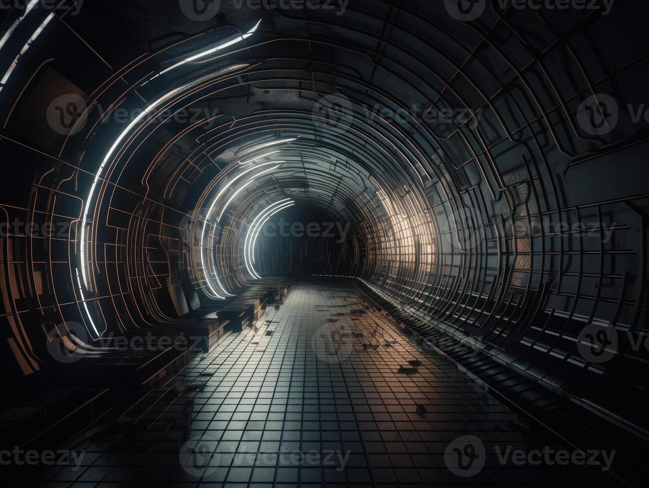 resumen futurista túnel corredor con brillante luces y reflexiones Ciencias ficción estilo creado con generativo ai tecnología foto