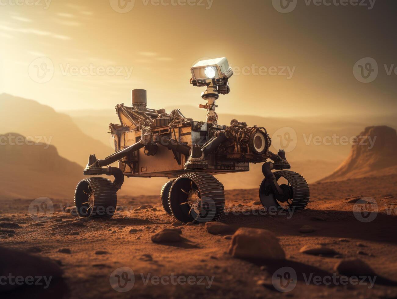 Rover on Mars surface. Exploration of red planet. Created with technology. photo