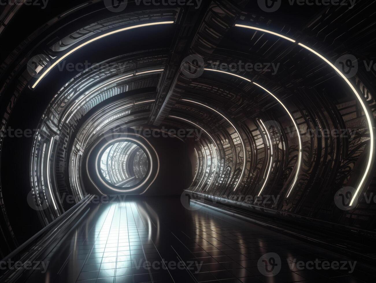 Abstract futuristic tunnel corridor with glowing lights and reflections Science fiction style Created with technology photo