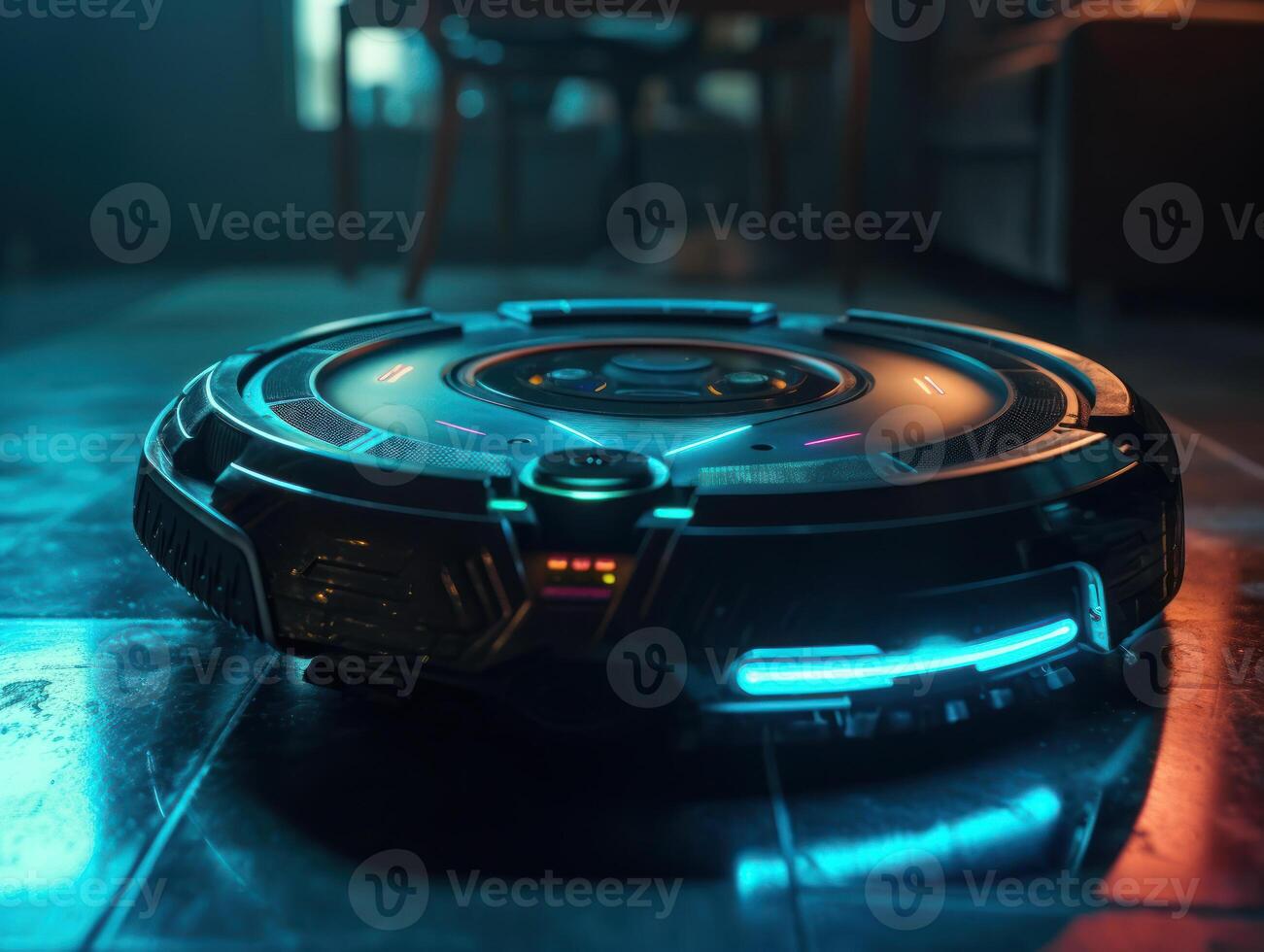 Robotic vacuum cleaner cleaning the floor in the living room. Cleaning service concept. Created with technology. photo