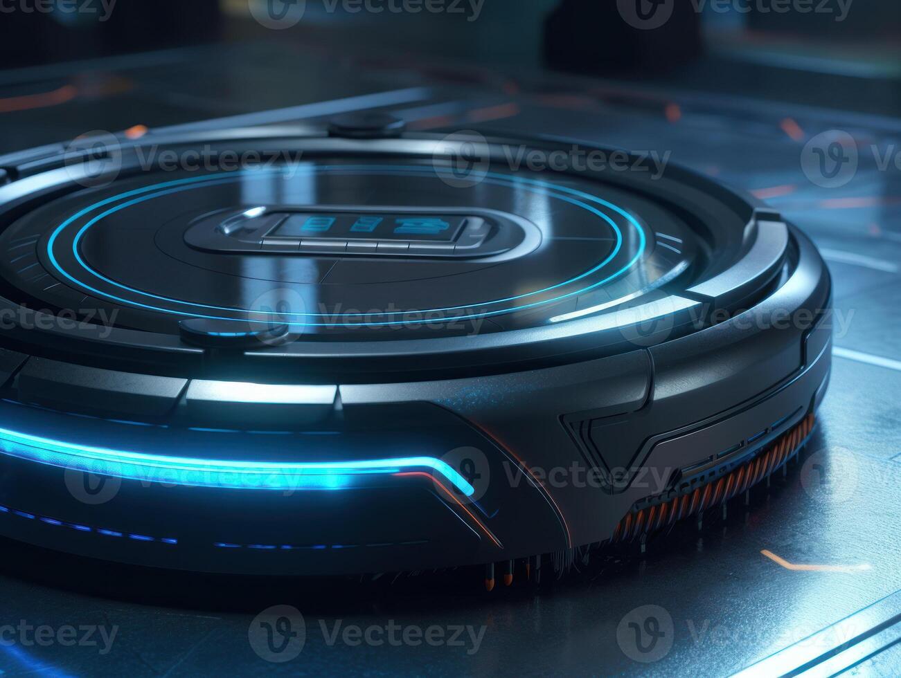 Robotic vacuum cleaner cleaning the floor in the living room. Cleaning service concept. Created with technology. photo