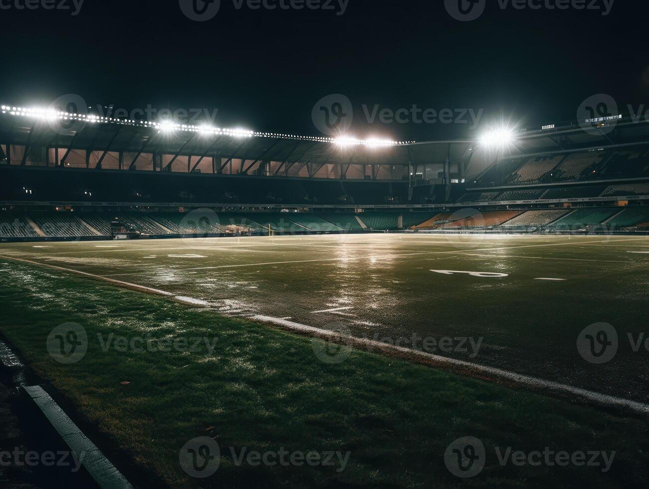 Football stadium with bright lights and seats Created with technology photo