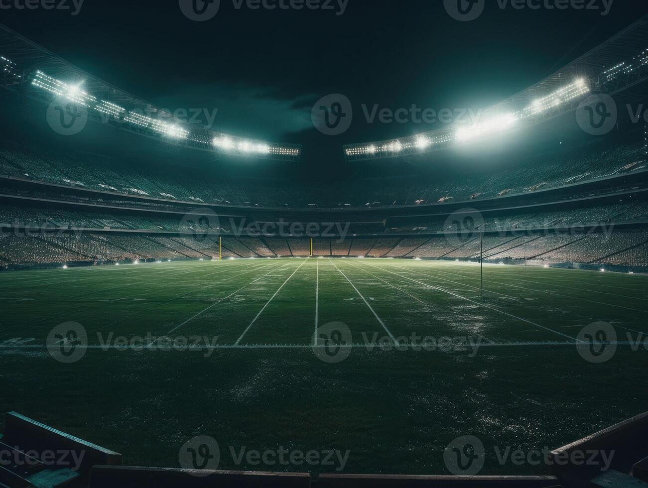 Football stadium with bright lights and seats Created with technology photo