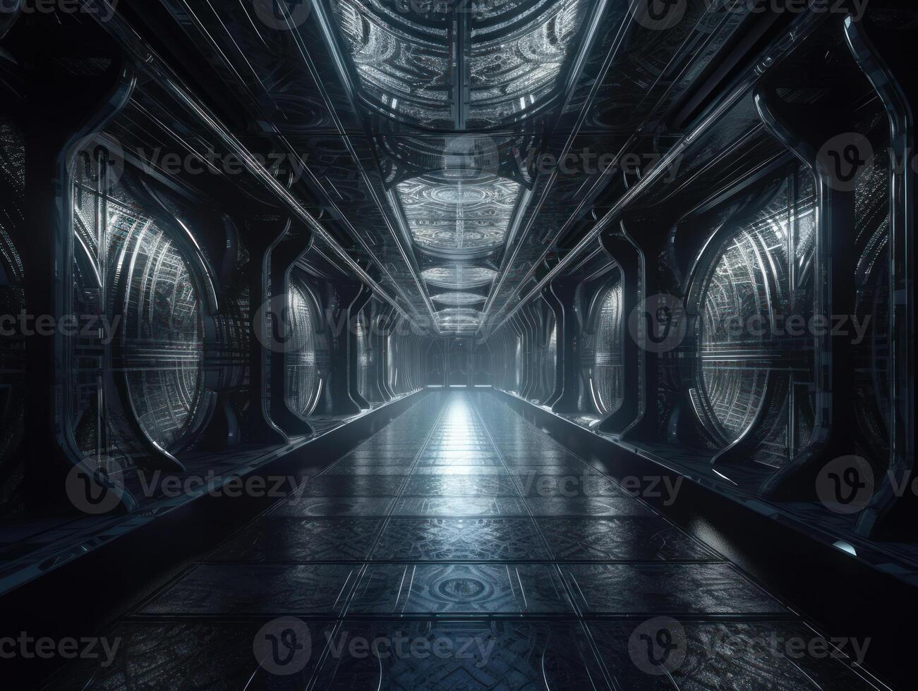 Abstract futuristic tunnel corridor with glowing lights and reflections Science fiction style Created with technology photo