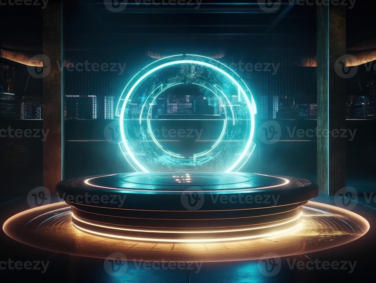 Fantastic Circle holograms magic portals. Futuristic round stage with neon lights. Glowing round stage on a dark background. Created with technology photo