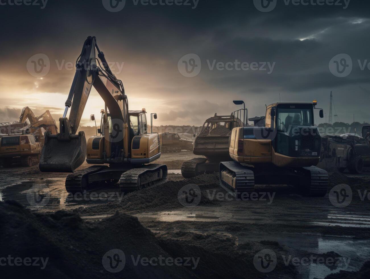 excavadoras trabajando en construcción sitio a noche. pesado maquinaria trabajando en construcción sitio a noche creado con generativo ai tecnología. foto