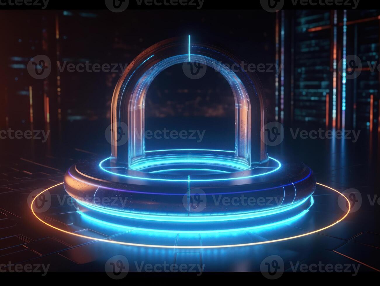 Fantastic Circle holograms magic portals. Futuristic round stage with neon lights. Glowing round stage on a dark background. Created with technology photo