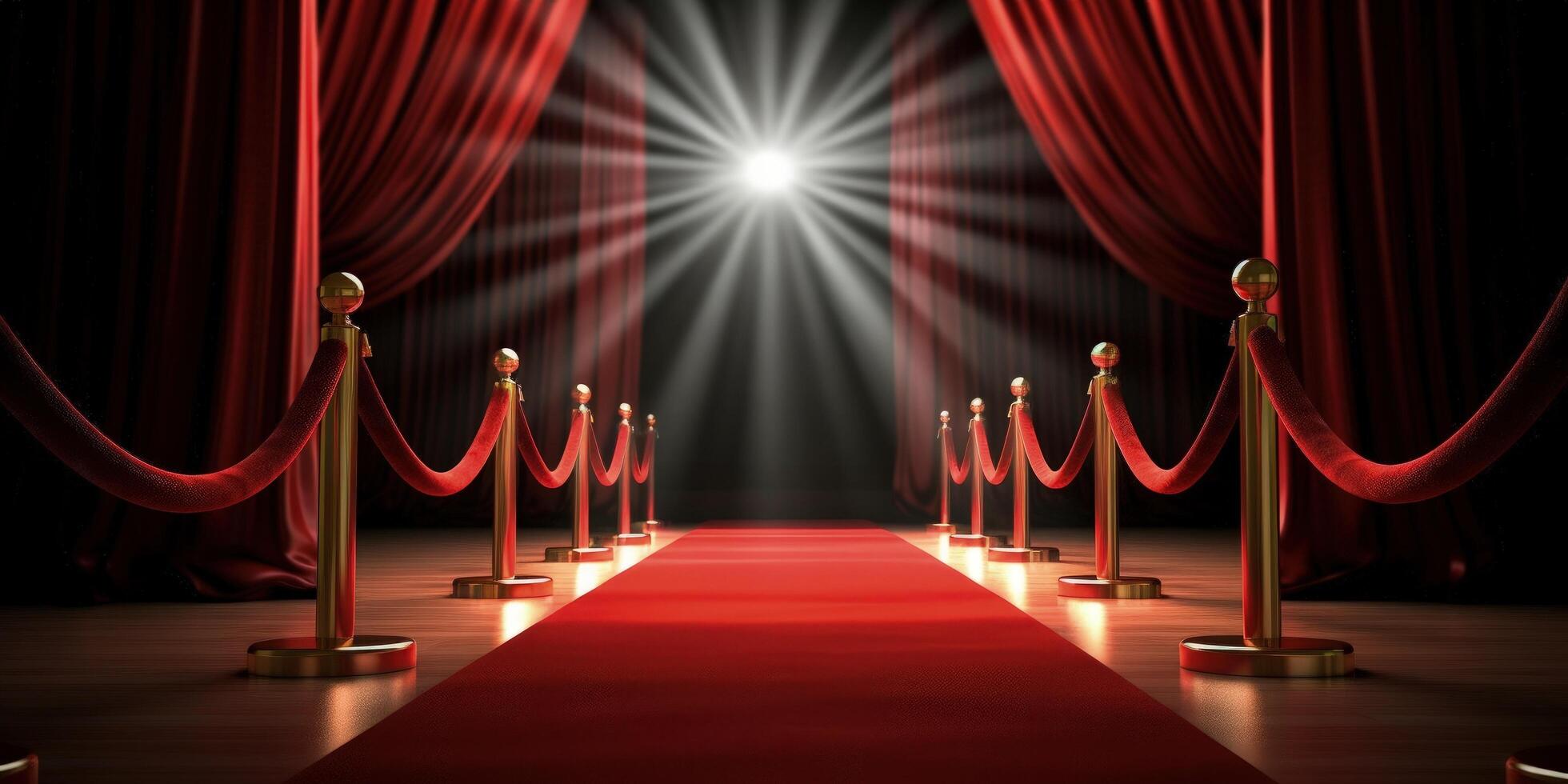 Red carpet, rope barriers and spot lights behind curtains indoors Illustration photo