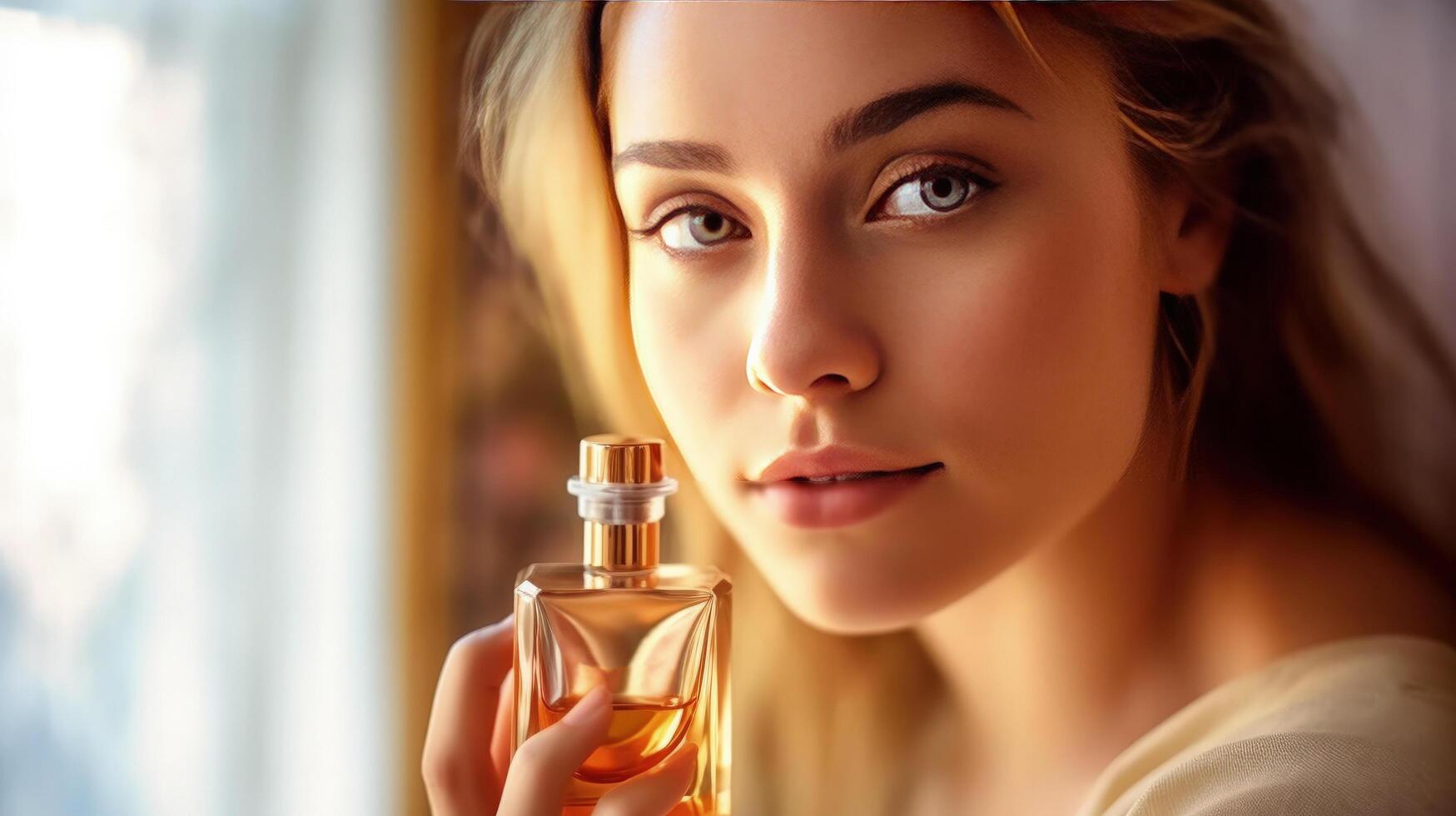 hermosa joven mujer con botella de perfume ilustración ai generativo foto