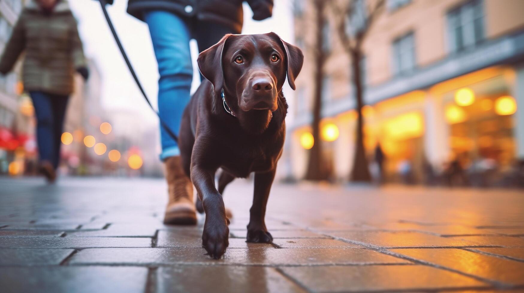 Owner and dog walking in city. Illustration photo