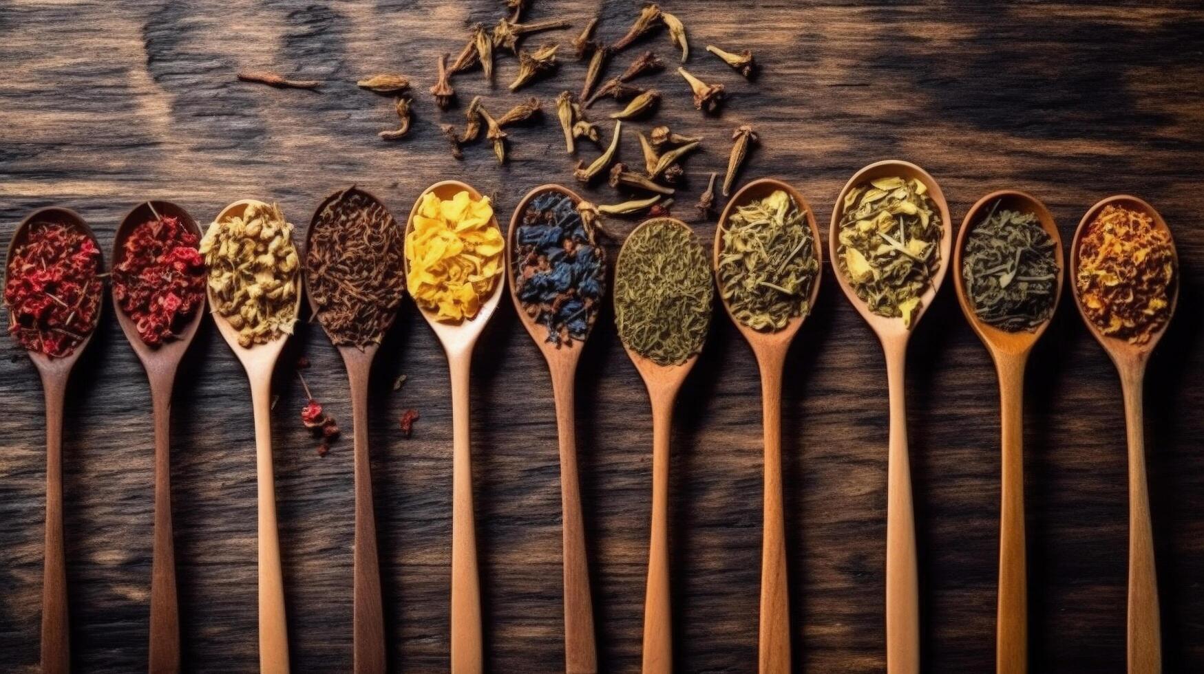 Assortment of dry tea in spoons Illustration photo