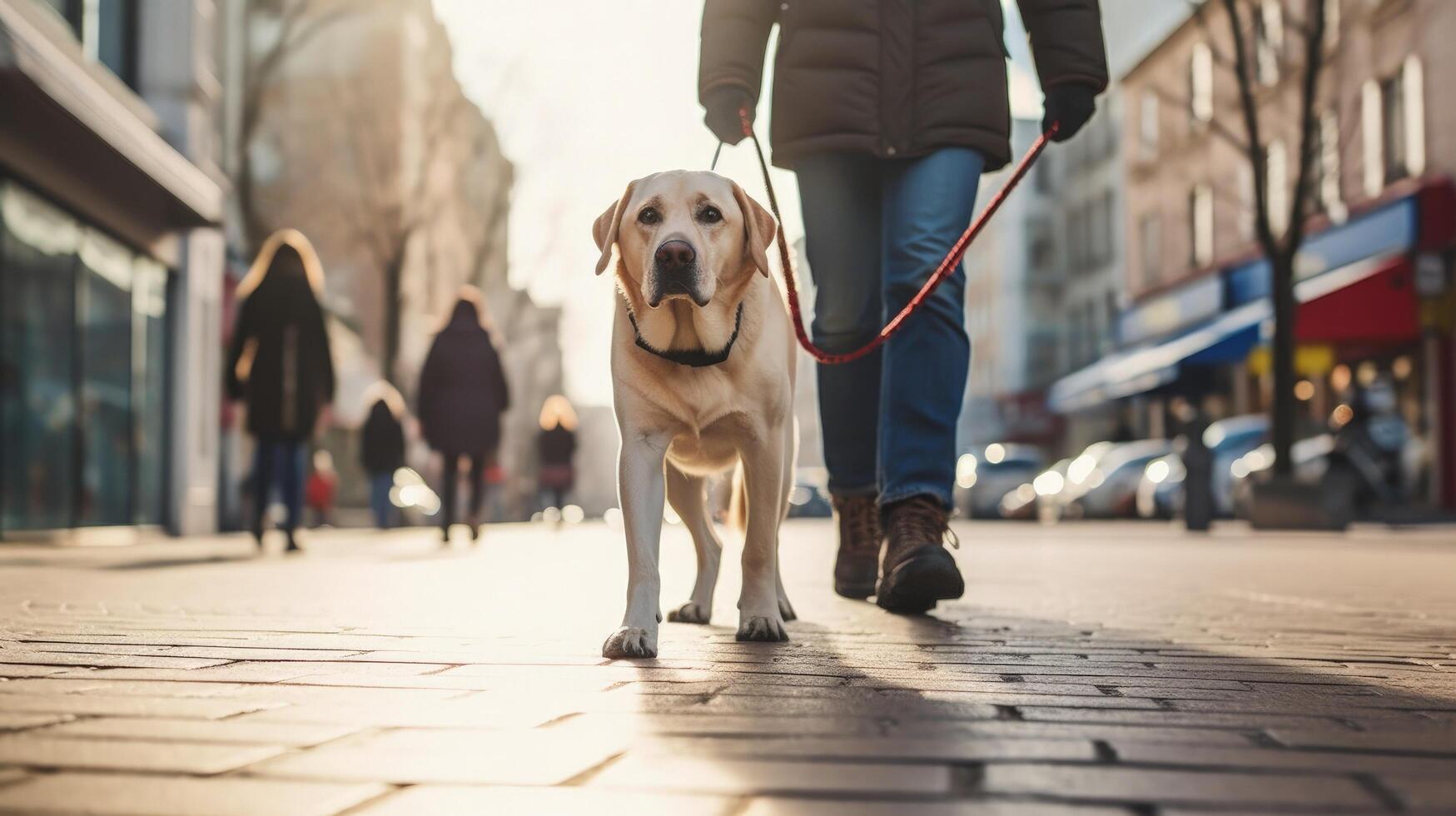 Owner and dog walking in city. Illustration photo