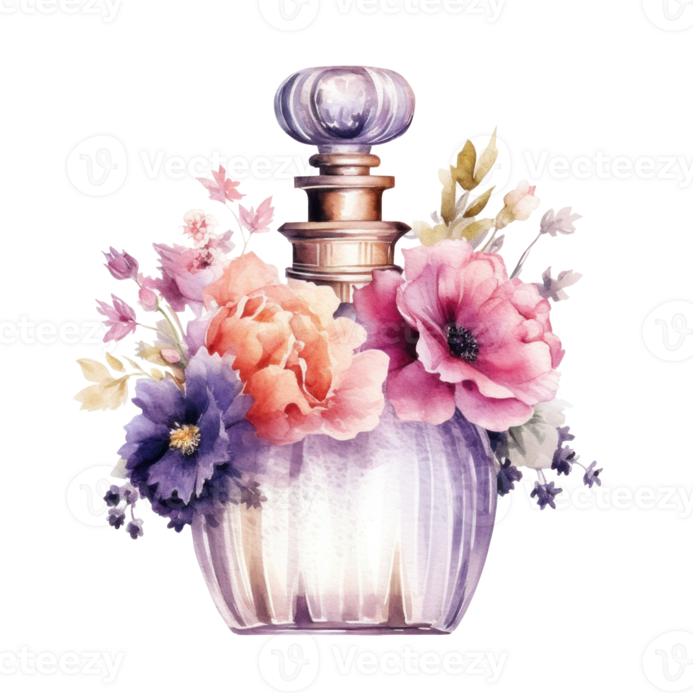 Watercolor perfume bottle with flowers. Illustration png