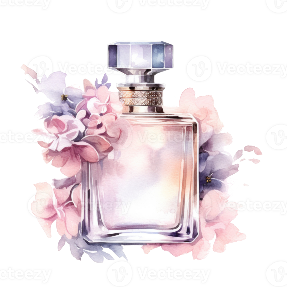 Watercolor perfume bottle with flowers. Illustration png