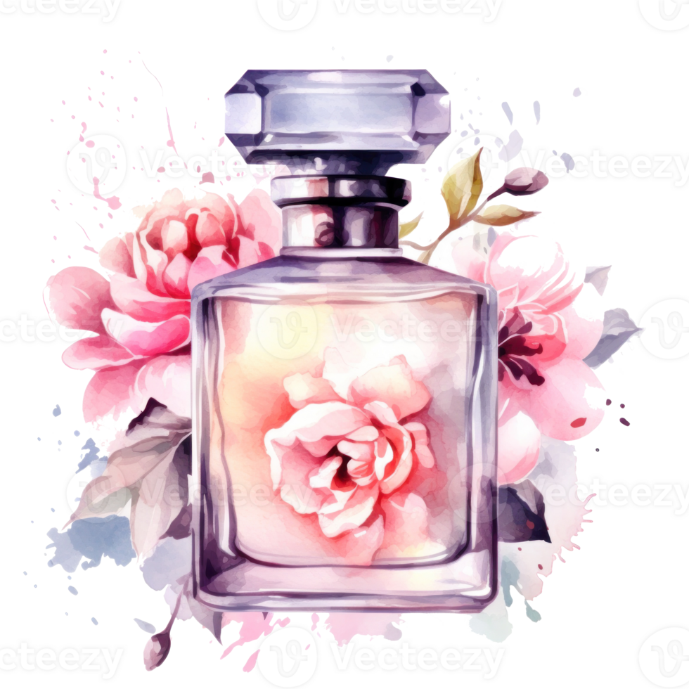 waterverf parfum fles met bloemen. illustratie ai generatief png