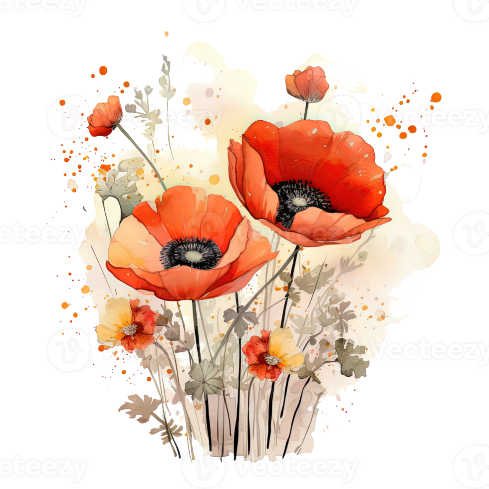 Watercolor poppy flower. Illustration png