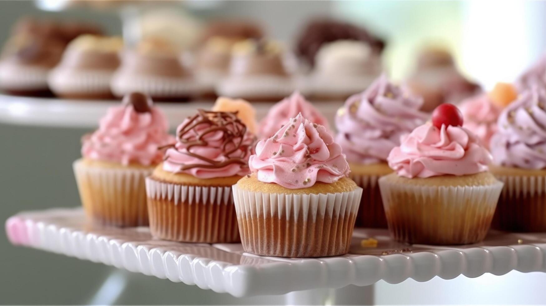 Dessert stand with delicious cupcakes Illustration photo