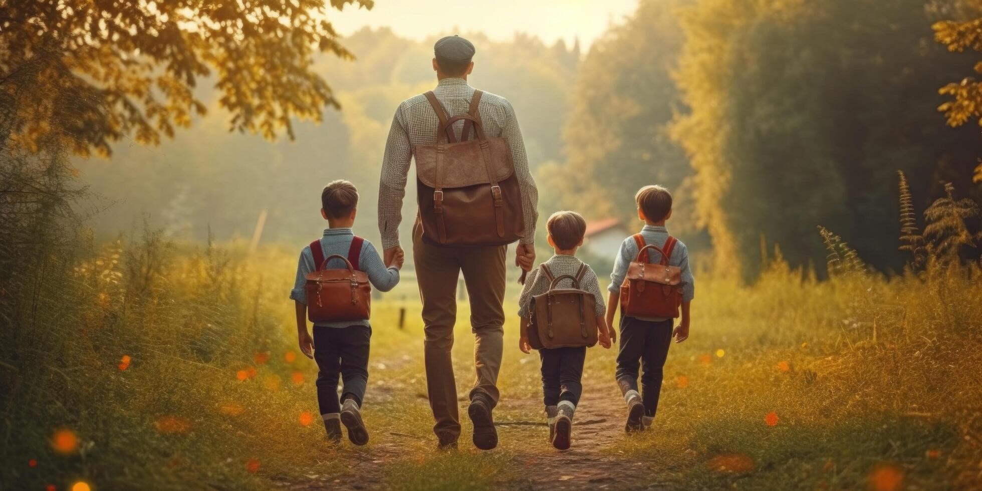 Back to school. View from the back of a happy dad escorts his sons schoolchildren to school. Illustration photo