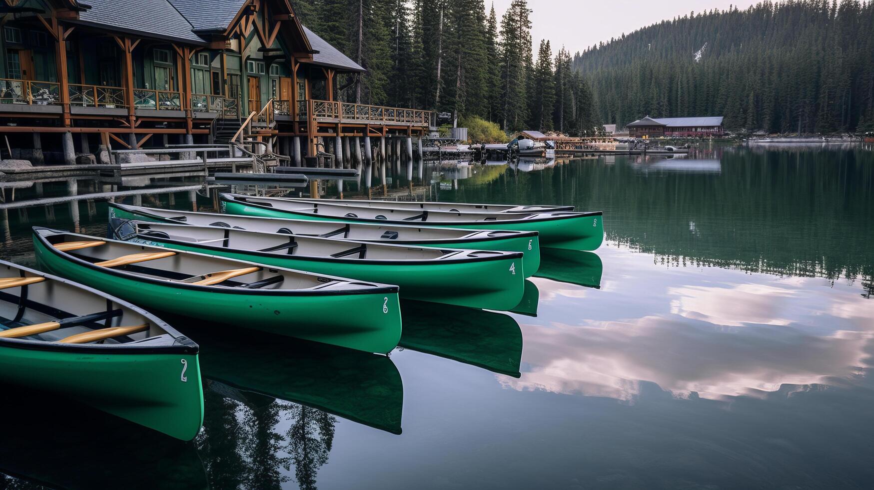 Canoes docked at lake. Illustration photo