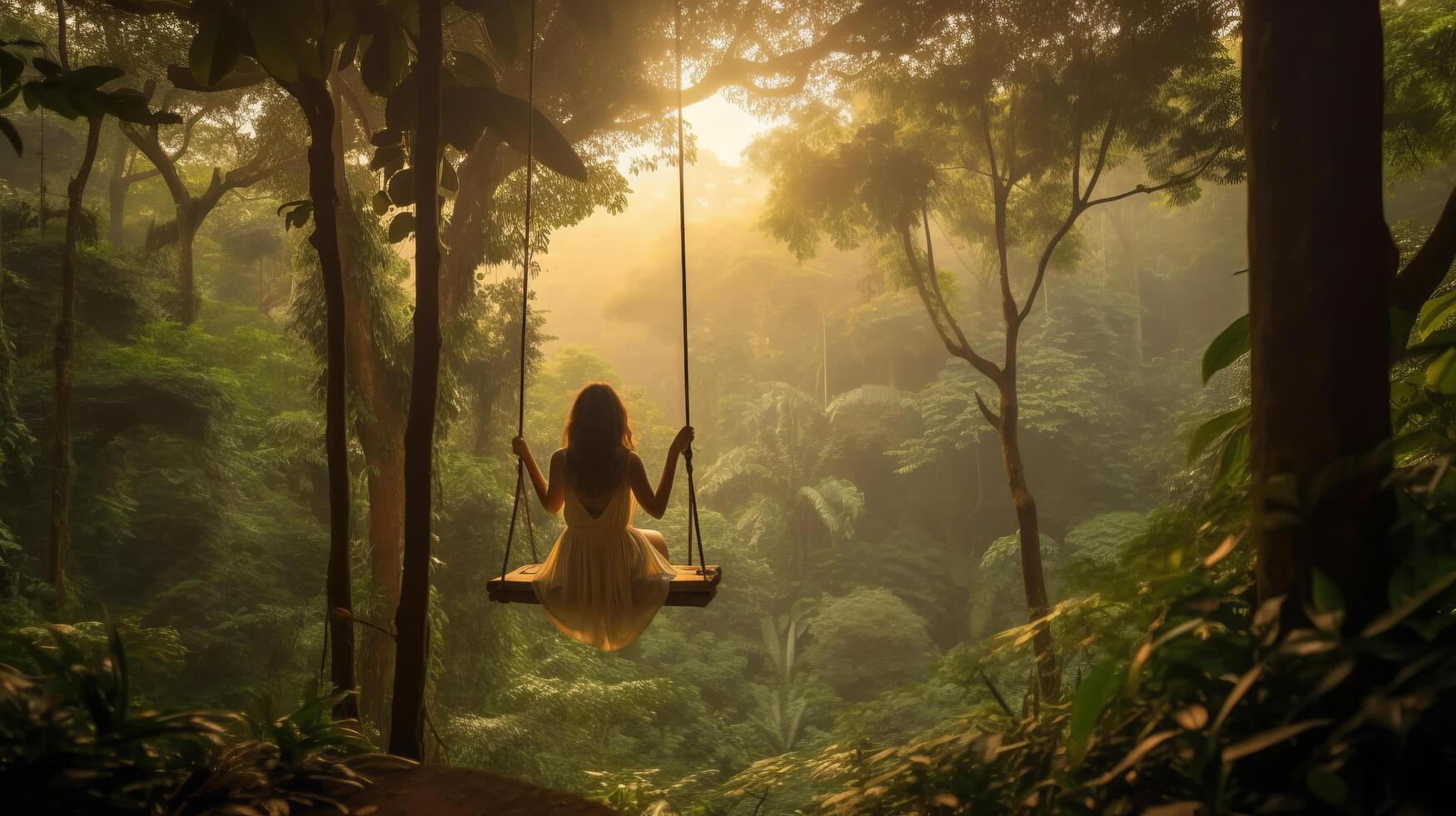 Woman with long swing and forest. Illustration photo