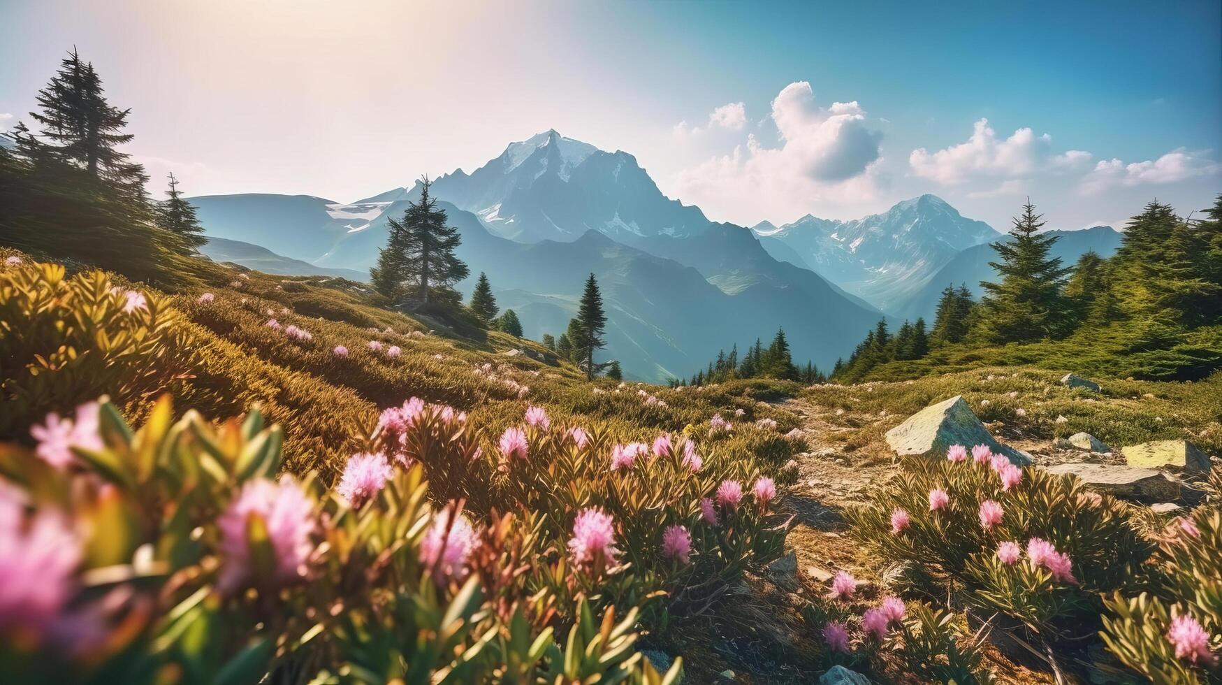 Pink flowers in mountain. Illustration photo