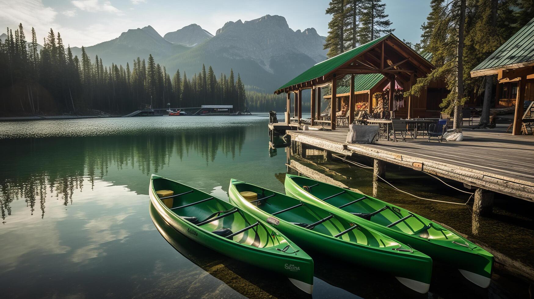 Canoes docked at lake. Illustration photo