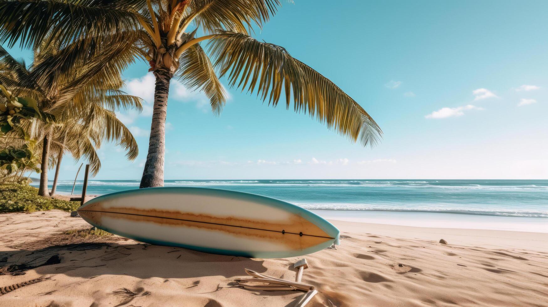 Surfboard and palm tree on beach. Illustration photo