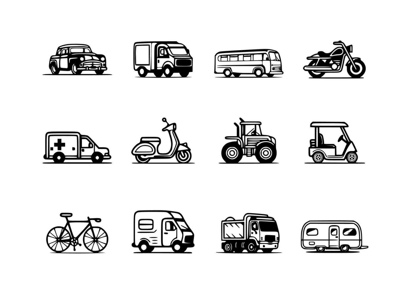 12 transporte vehículo manojo, negro contorno vector ilustraciones