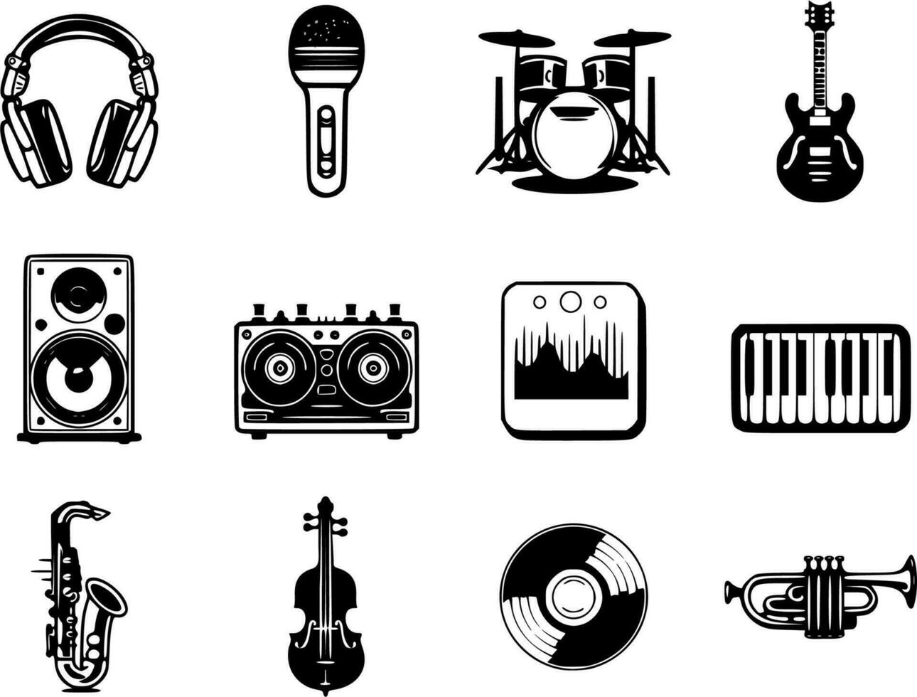 12 música icono conjunto negro contornos aislado vector ilustraciones