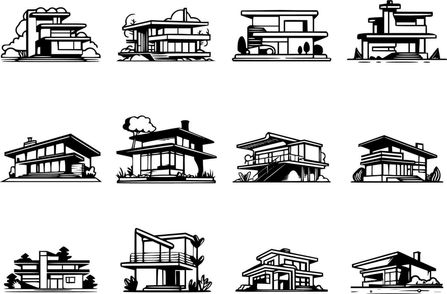 12 house icon set, modern buildings, isolated black outlines vector illustration bundle