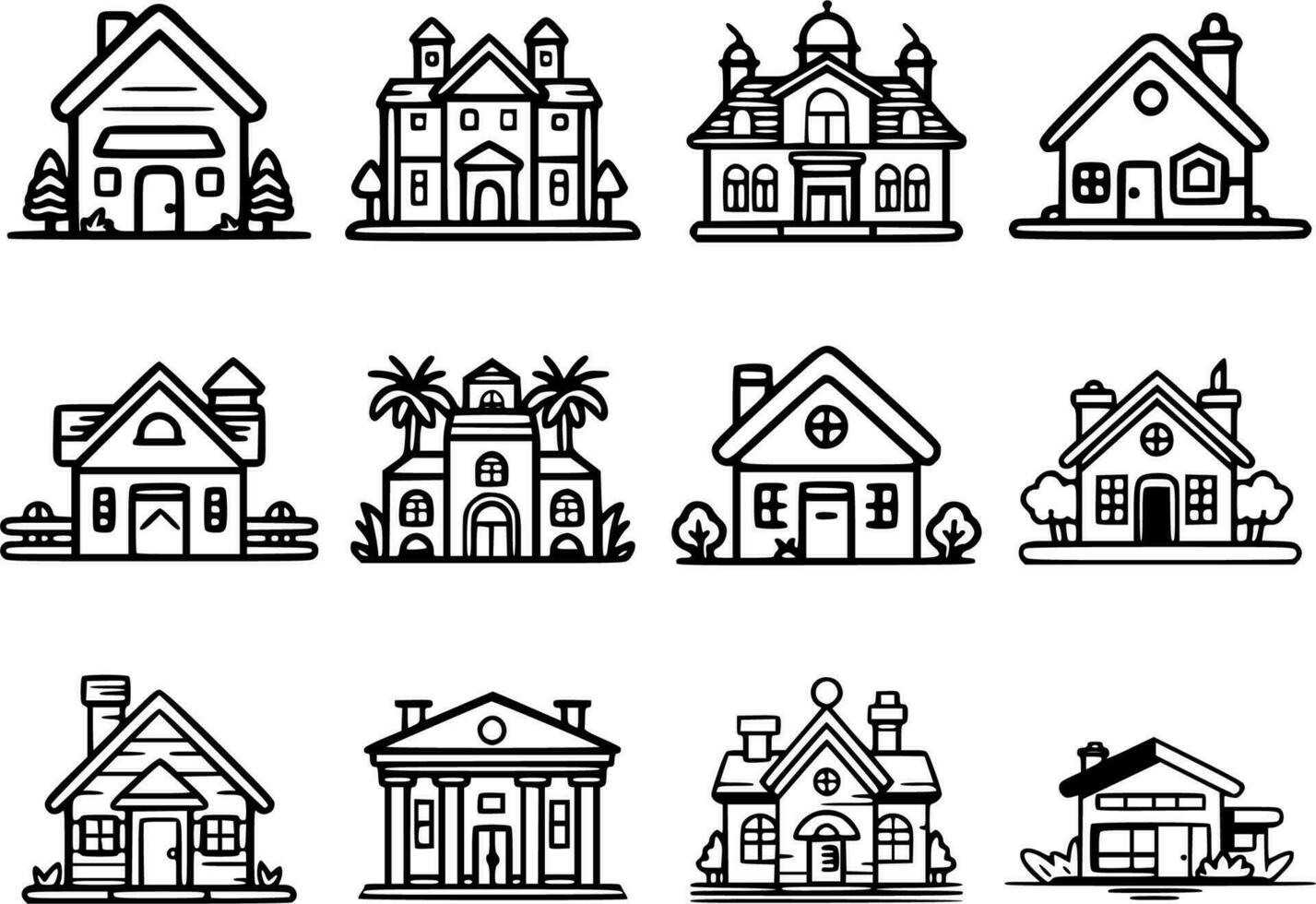 12 house icon set, isolated, black outlines vector