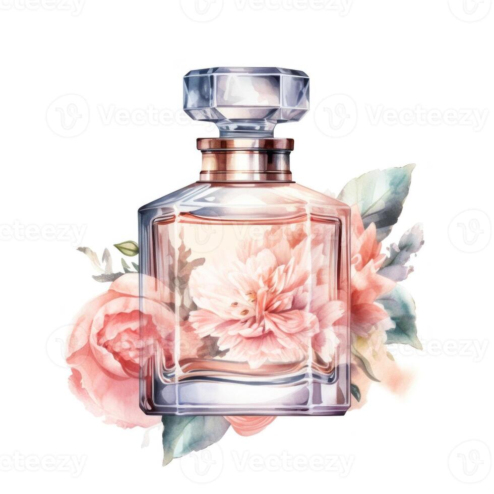 Watercolor perfume bottle with flowers. Illustration photo