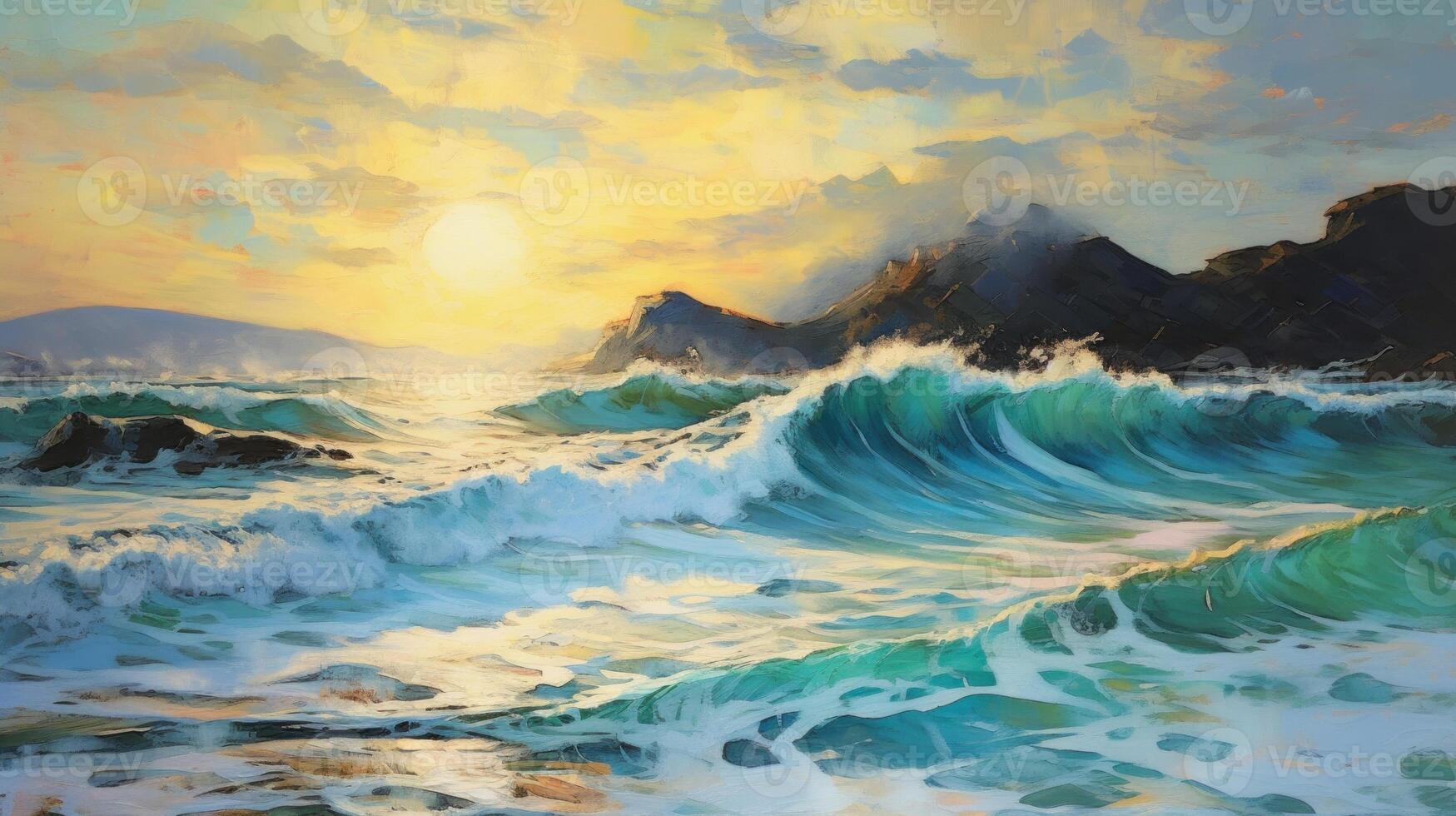 Impressionist painting, ocean beach summer background. Illustration photo