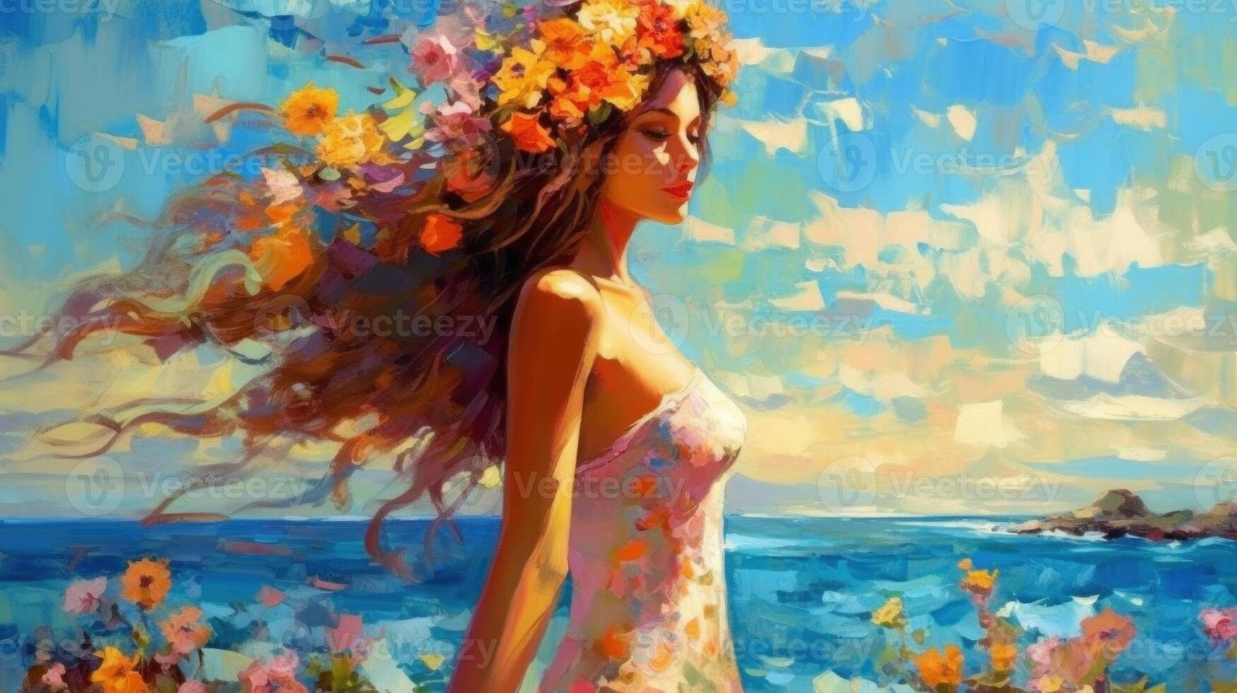 Impressionist painting, girl on summer background. Illustration photo