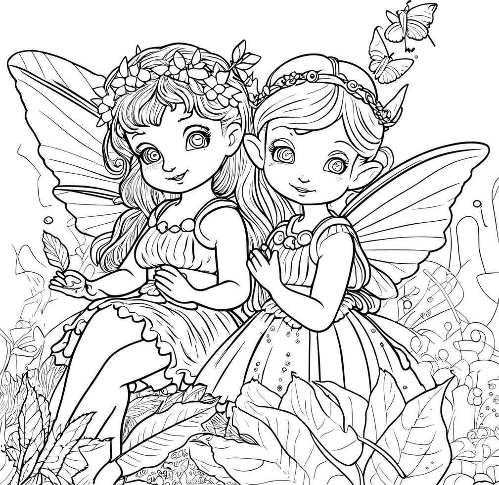 Fairies Coloring page outline, Vector illustration, coloring book for kids.