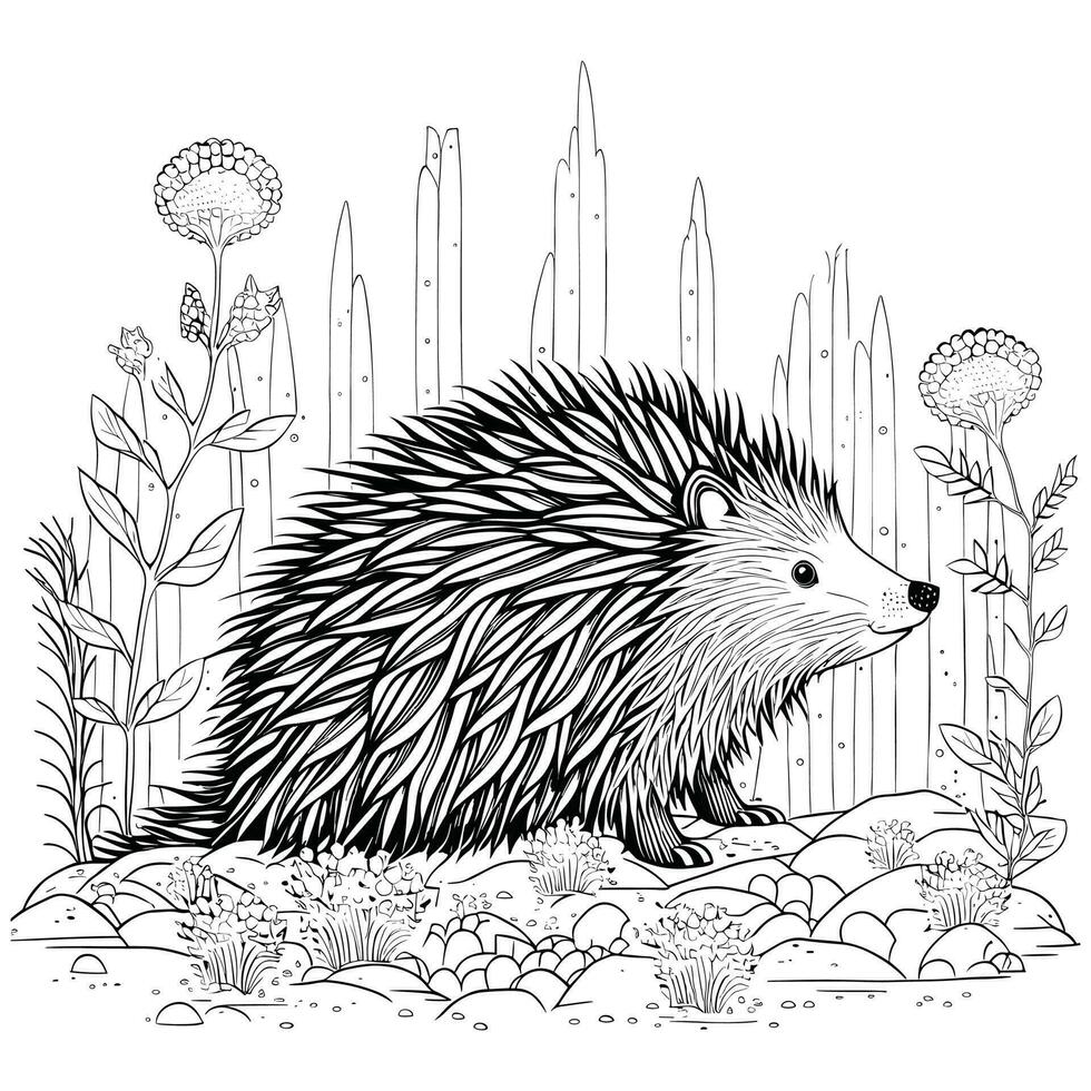 hedgehog in the forest for kids black and white vector