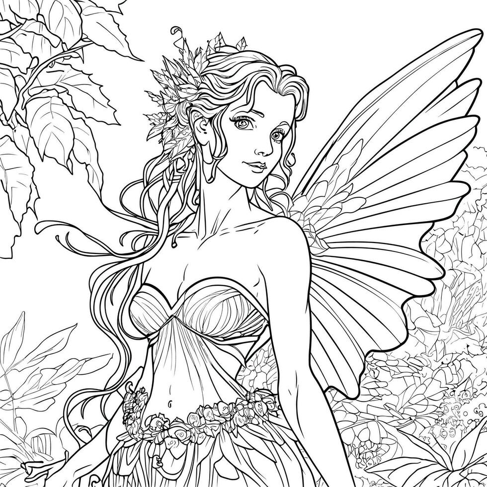 Fairy Coloring Page Great for Beginner Coloring Book Pro Vector