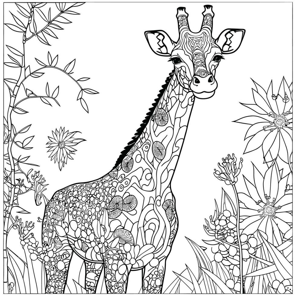 jirafa en el selva flores adultos colorante página vector
