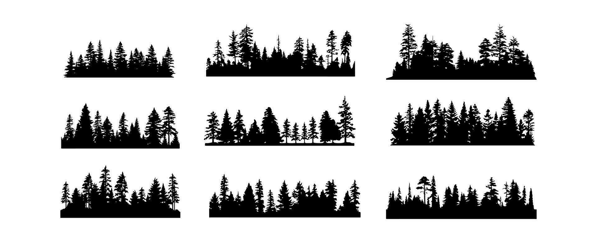 Forest tree silhouettes collection. Pine trees horizontal pattern panorama background. Vector illustration