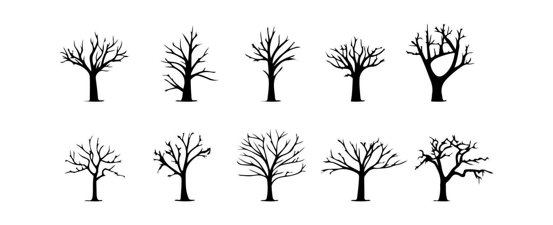 Set of dead tree silhouettes isolated on white background. Simple naked trees vector illustration