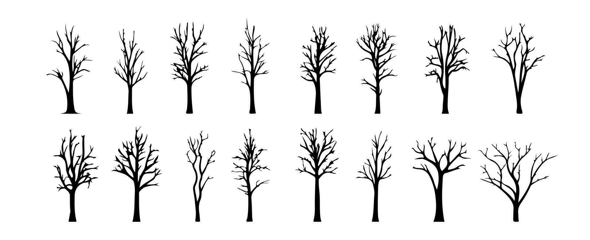 Set of dead tree silhouettes isolated on white background. Simple naked trees vector illustration