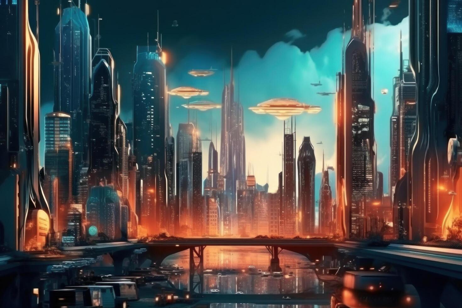 Futuristic city with neon lights lit up Illustration photo