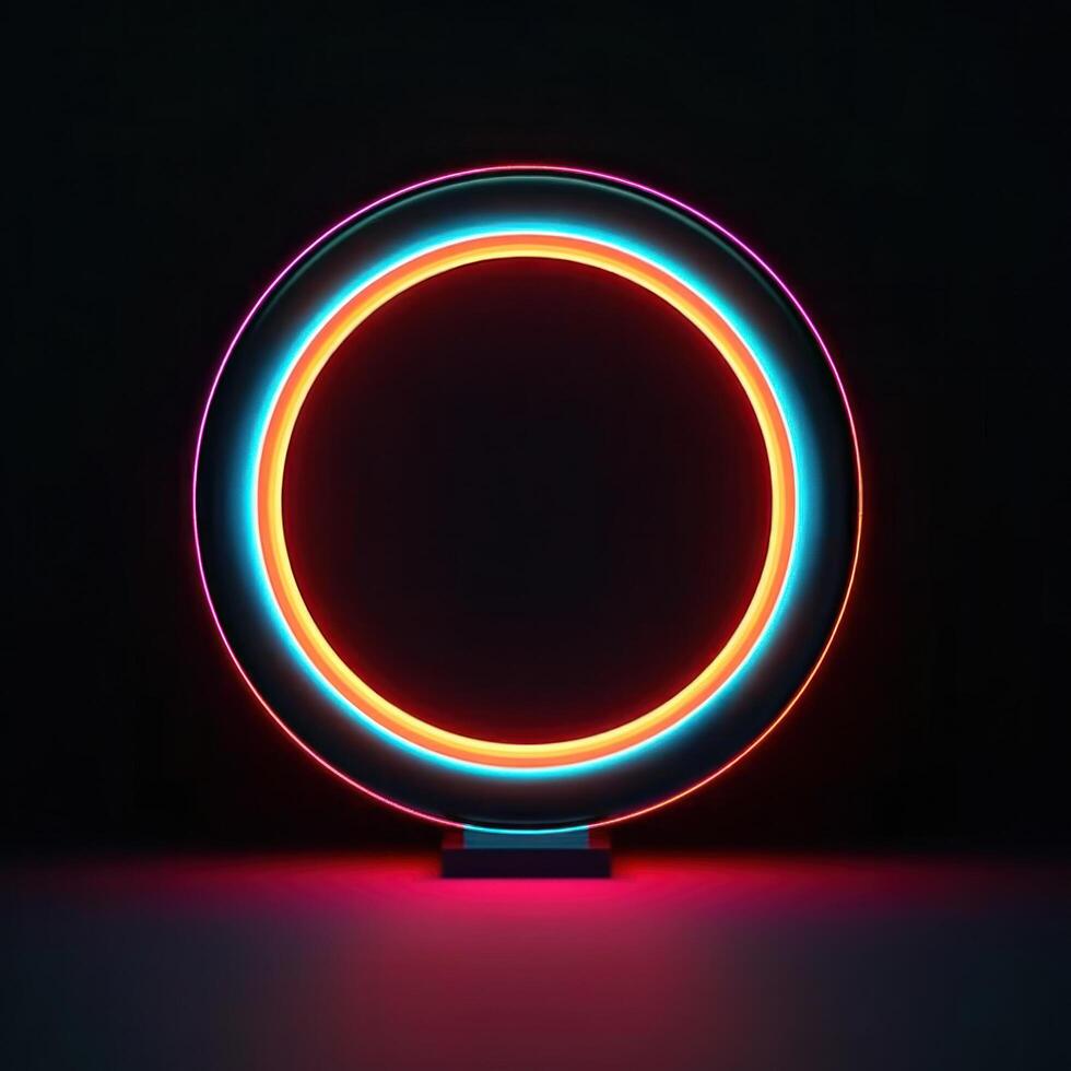 Neon circle, in the style of matte background, minimalist stage designs, dark aquamarine and light amber. Illustration photo
