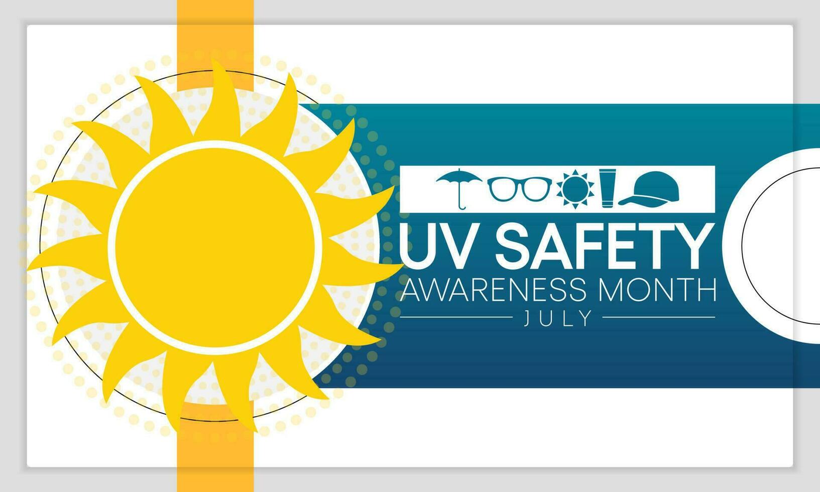 UV safety month is observed every year in July, it is a type of electromagnetic radiation that makes black light posters glow, and is responsible for summer tans and sunburns. Vector illustration