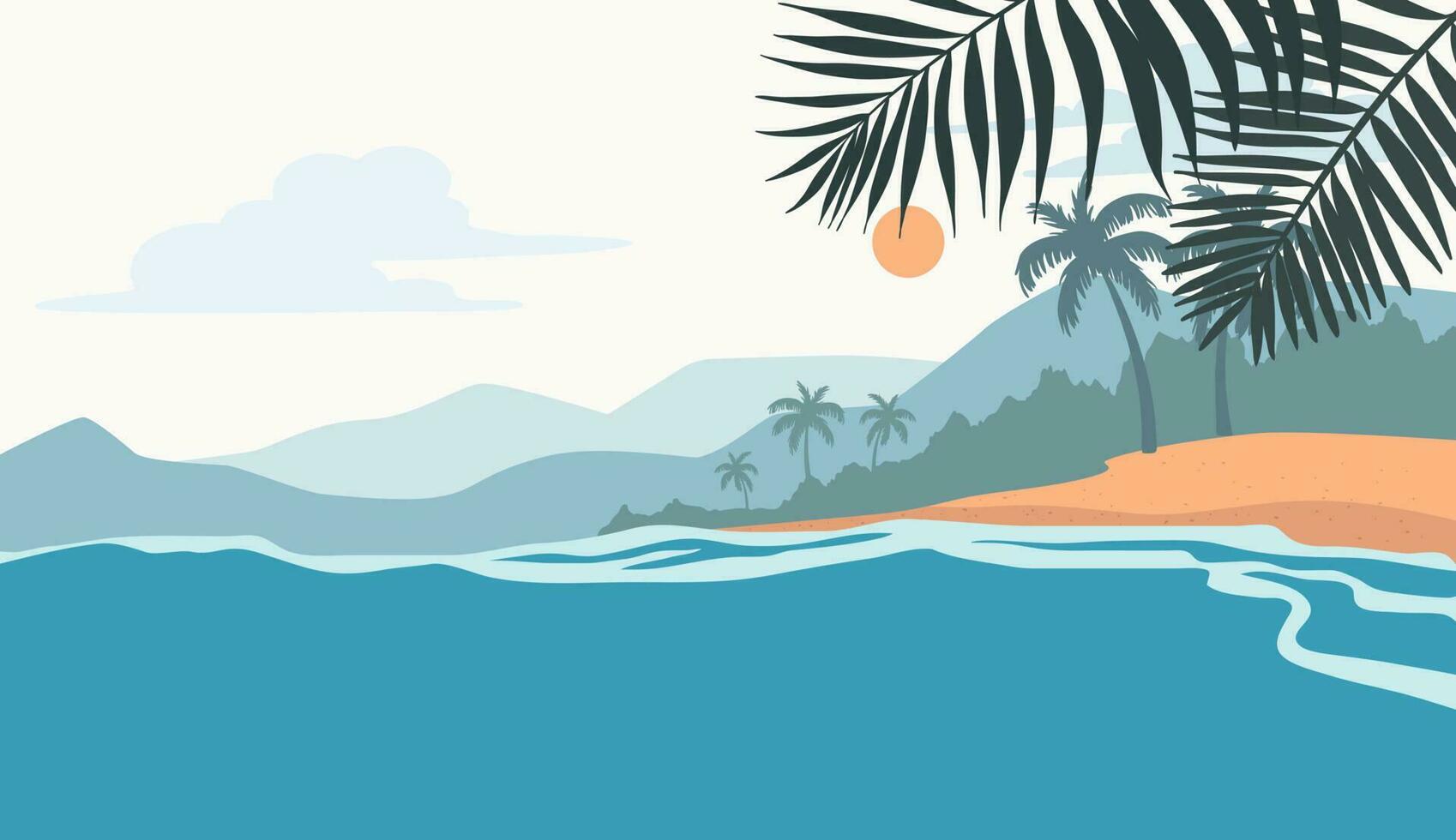 Summer beach background clouds and sky, waves and sea with palm leaves. Vector design illustration.