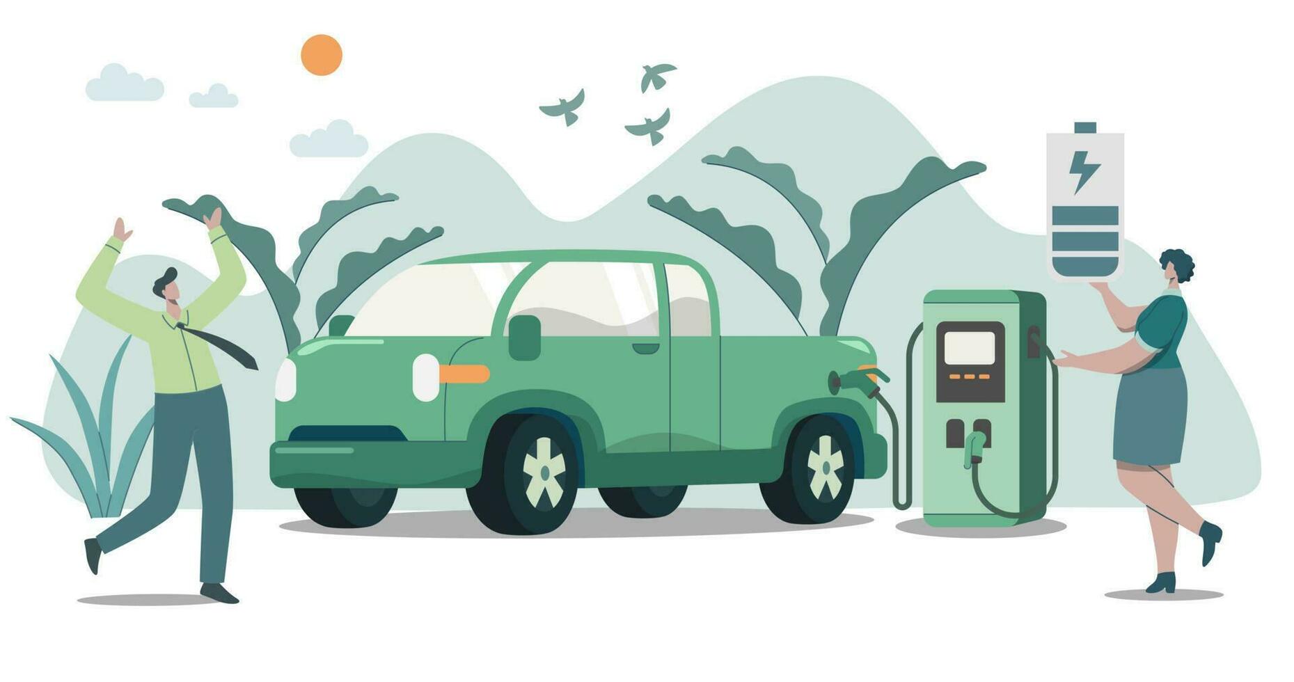 Eco friendly sustainable, Electric pickup charging station, Clean green energy from renewable sources concept. Vector design illustration.